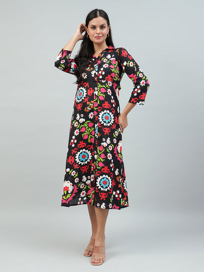 Flamboyant Black Floral Print Cotton Dress for Women