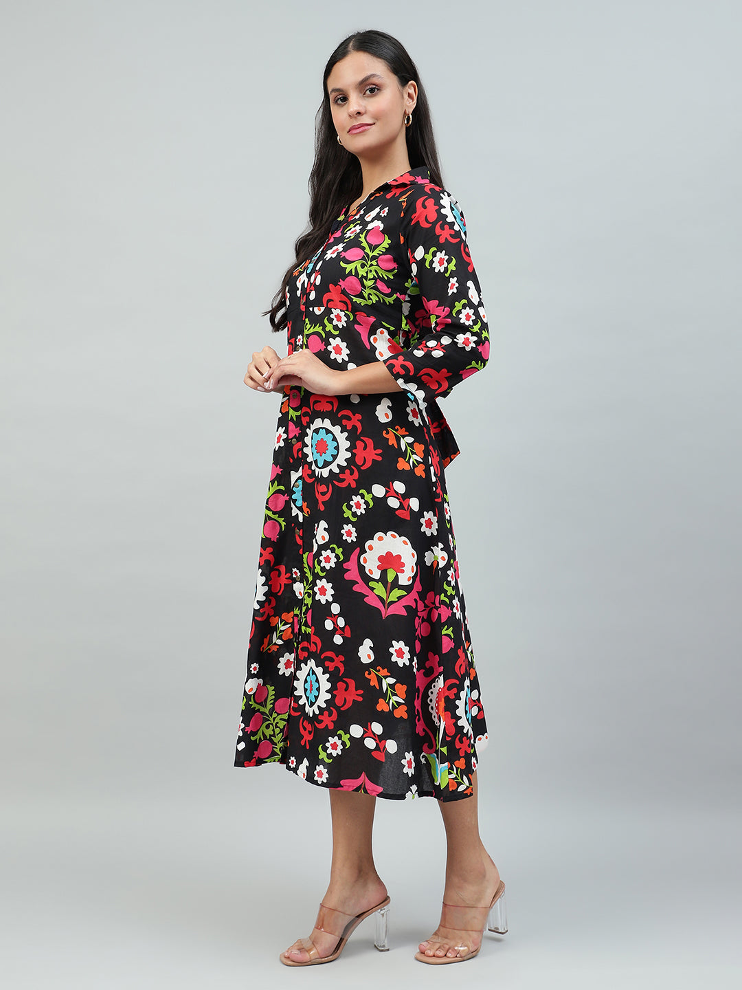 Flamboyant Black Floral Print Cotton Dress for Women