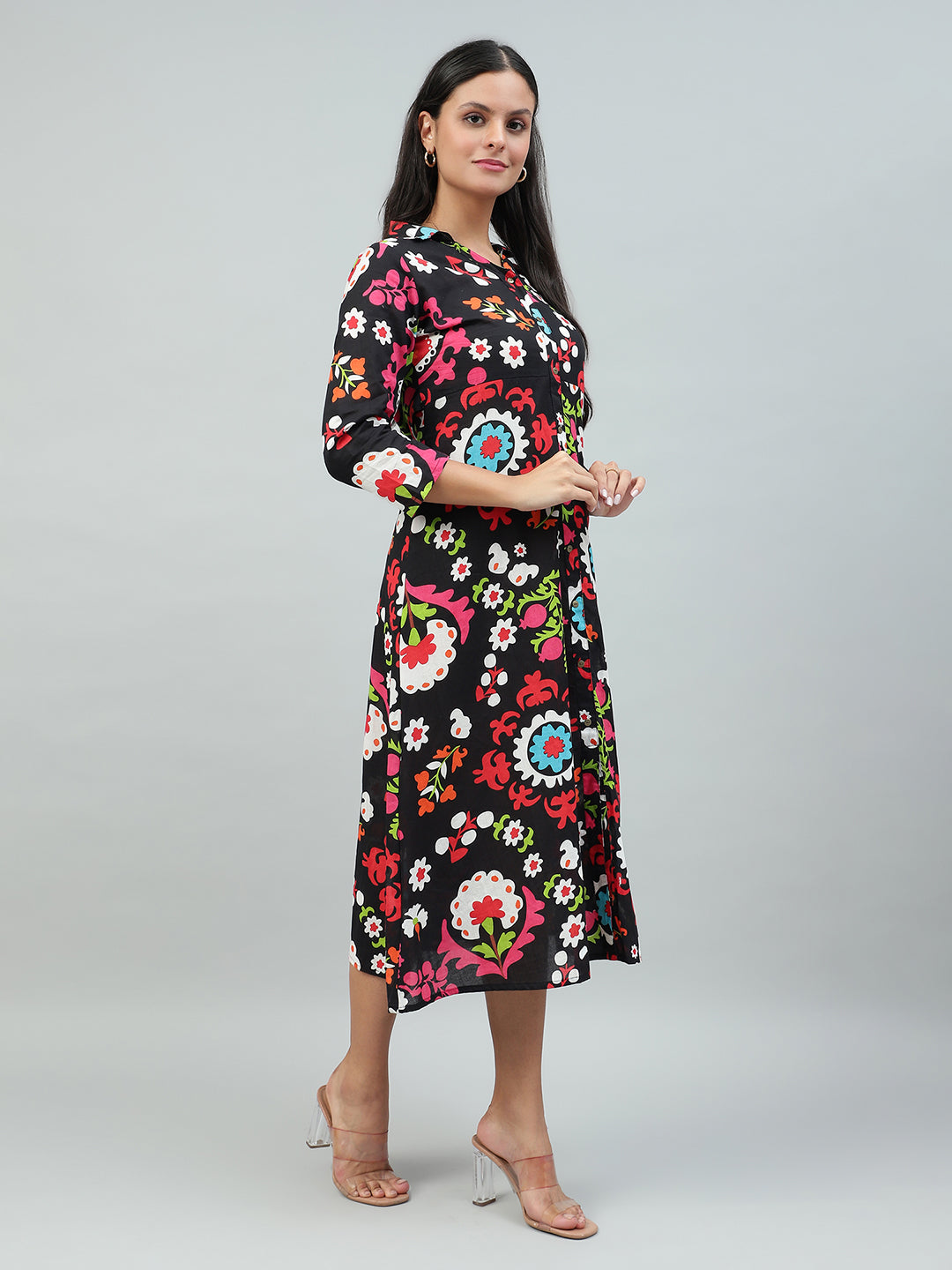 Flamboyant Black Floral Print Cotton Dress for Women