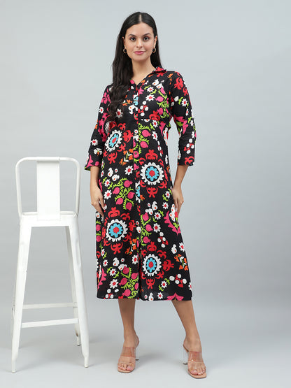 Flamboyant Black Floral Print Cotton Dress for Women