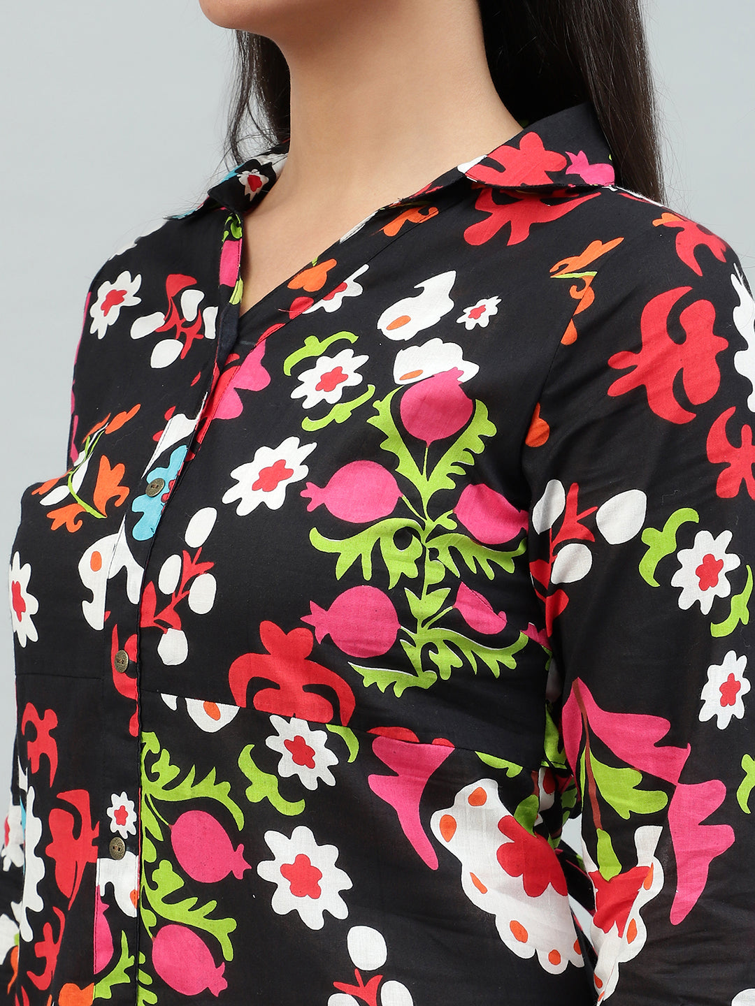 Flamboyant Black Floral Print Cotton Dress for Women