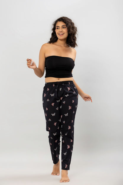 Butterfly Printed Black Women's Pajama