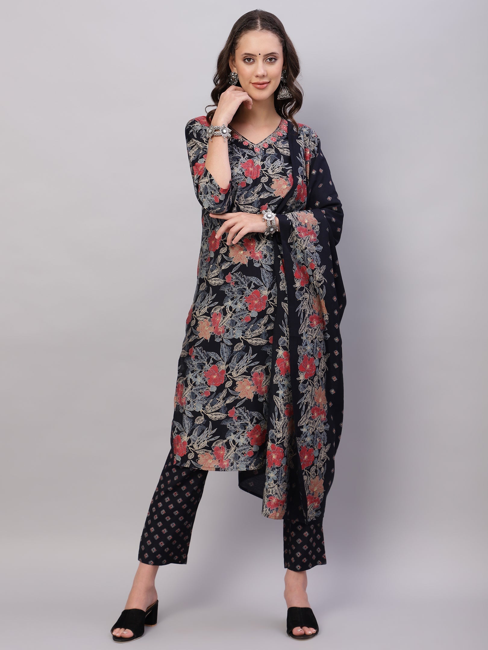 FLAMBOYANTTREND Black Ethnic Motifs Floral Print Kurta with Trousers & Dupatta By Flamboyant 3 pcs set kurta kurta set Pant Women kurta set