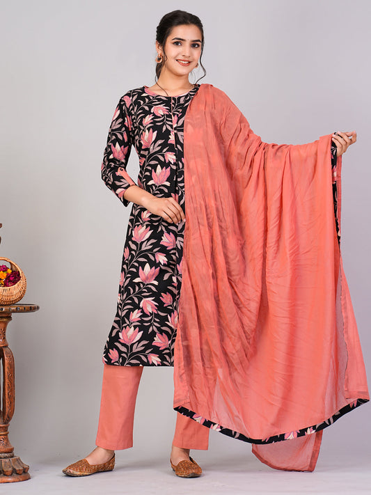 Black Ethnic Motifs Floral Print Kurta with Trousers & Dupatta