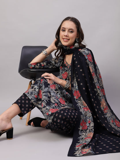 FLAMBOYANTTREND Black Ethnic Motifs Floral Print Kurta with Trousers & Dupatta By Flamboyant 3 pcs set kurta kurta set Pant Women kurta set