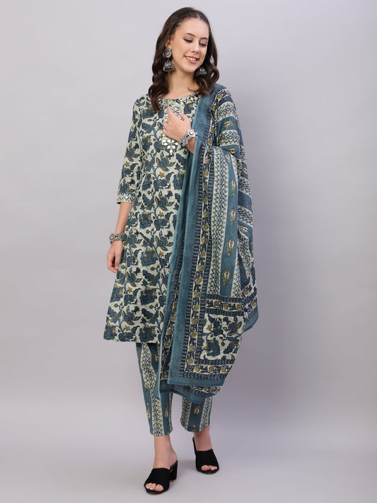 Blue Ethnic Motifs Floral Print Kurta with Trousers & Dupatta