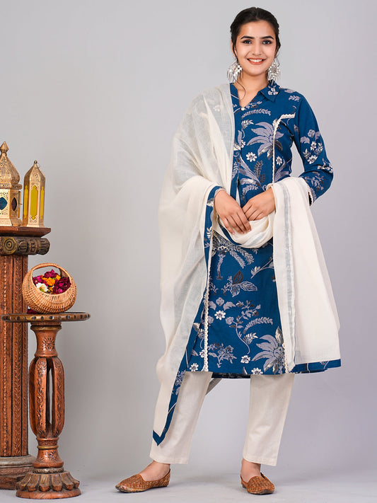 Blue Ethnic Motifs Floral Print Kurta with Trousers & Dupatta