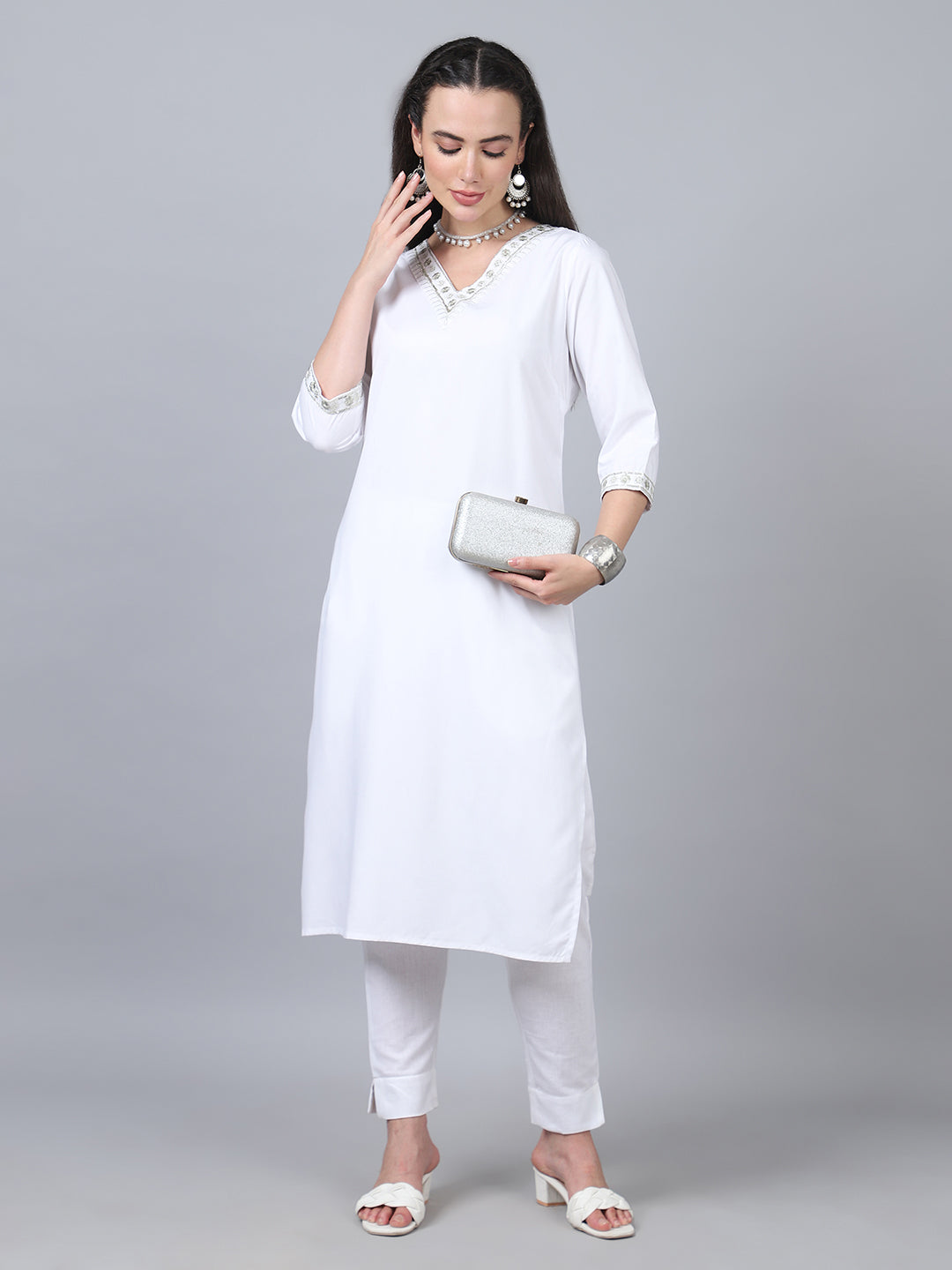  Embroidery Details on Women's White Kurti - Handcrafted with Love