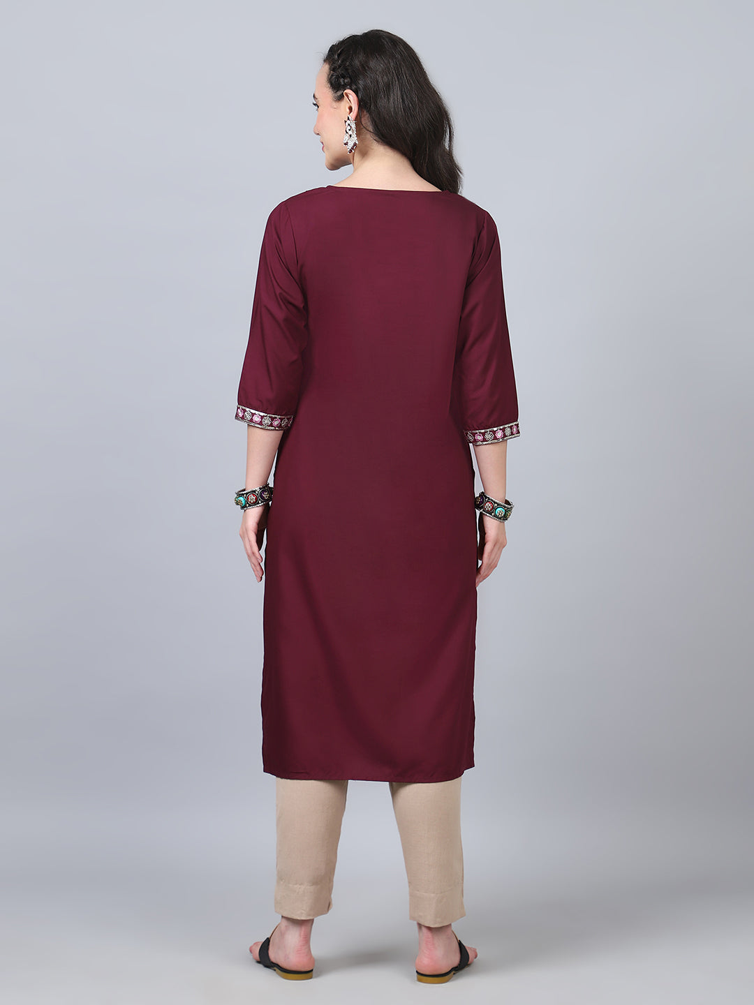 Wine Women's Kurti with Intricate Embroidery and Bell Sleeves