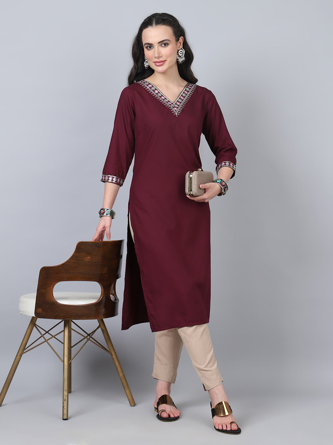 Embroidery Details on Women's Wine Kurti - Exquisite Craftsmanship