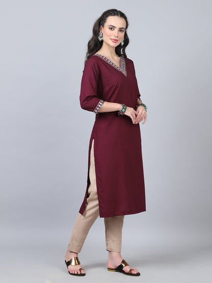 Women's Wine Kurti with Side Slits and Handcrafted Embroidery