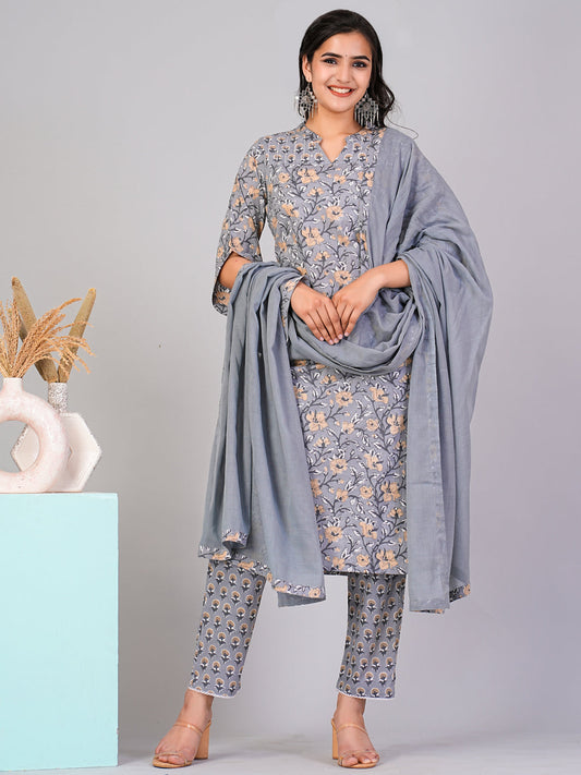 Grey Ethnic Motifs Floral Print Kurta with Trousers & Dupatta