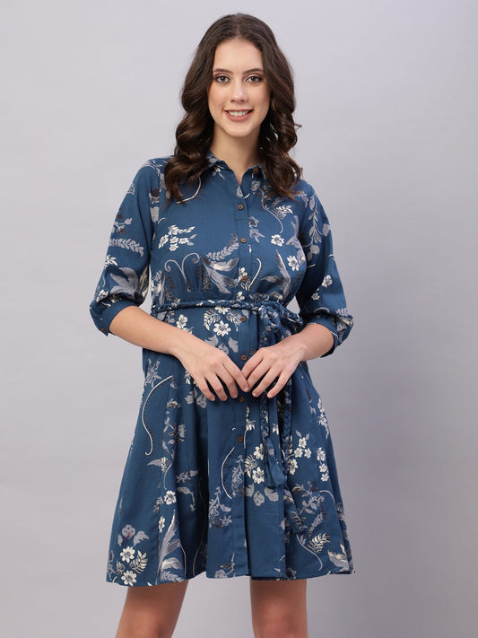Navy Blue Floral Printed Cotton Fit and Flare Ethnic Dresses