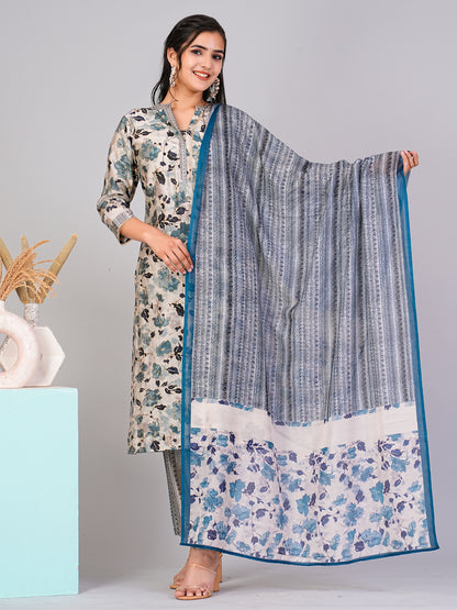 FLAMBOYANTTREND Off White Ethnic Motifs Floral Print Kurta with Trousers & Dupatta FLAMBOYANTTREND kurta set Women kurta set