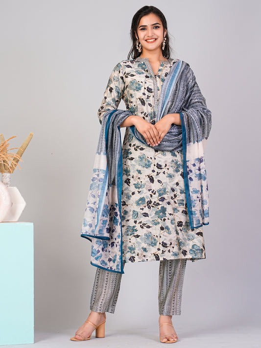 Off White Ethnic Motifs Floral Print Kurta with Trousers & Dupatta