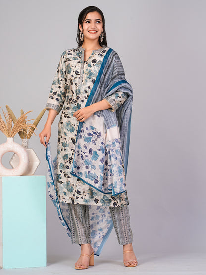 FLAMBOYANTTREND Off White Ethnic Motifs Floral Print Kurta with Trousers & Dupatta FLAMBOYANTTREND kurta set Women kurta set