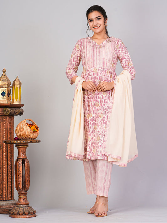 Pink Ethnic Motifs Floral Print Kurta with Trousers & Dupatta