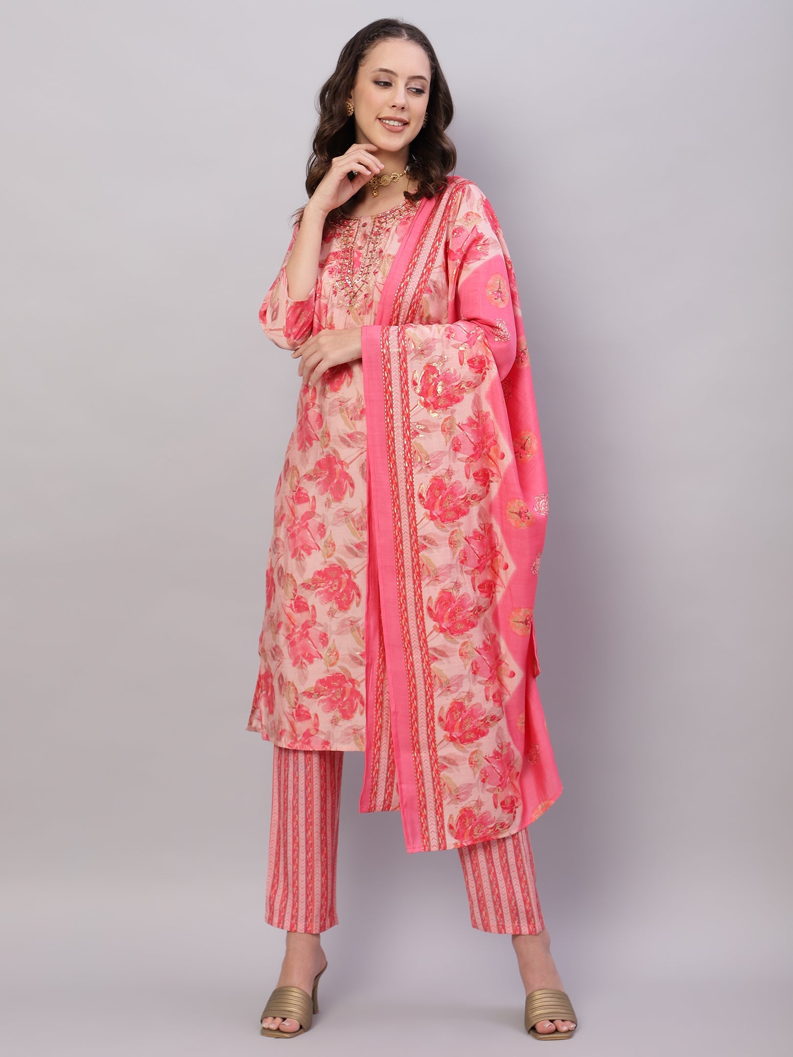 Pink Ethnic Motifs Floral Print Kurta with Trousers & Dupatta