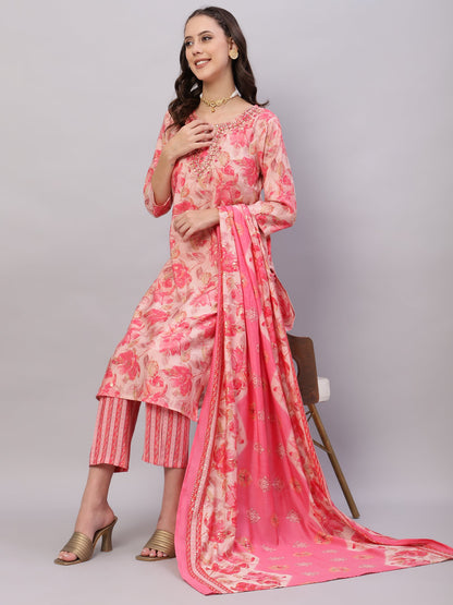 Pink Ethnic Motifs Floral Print Kurta with Trousers & Dupatta