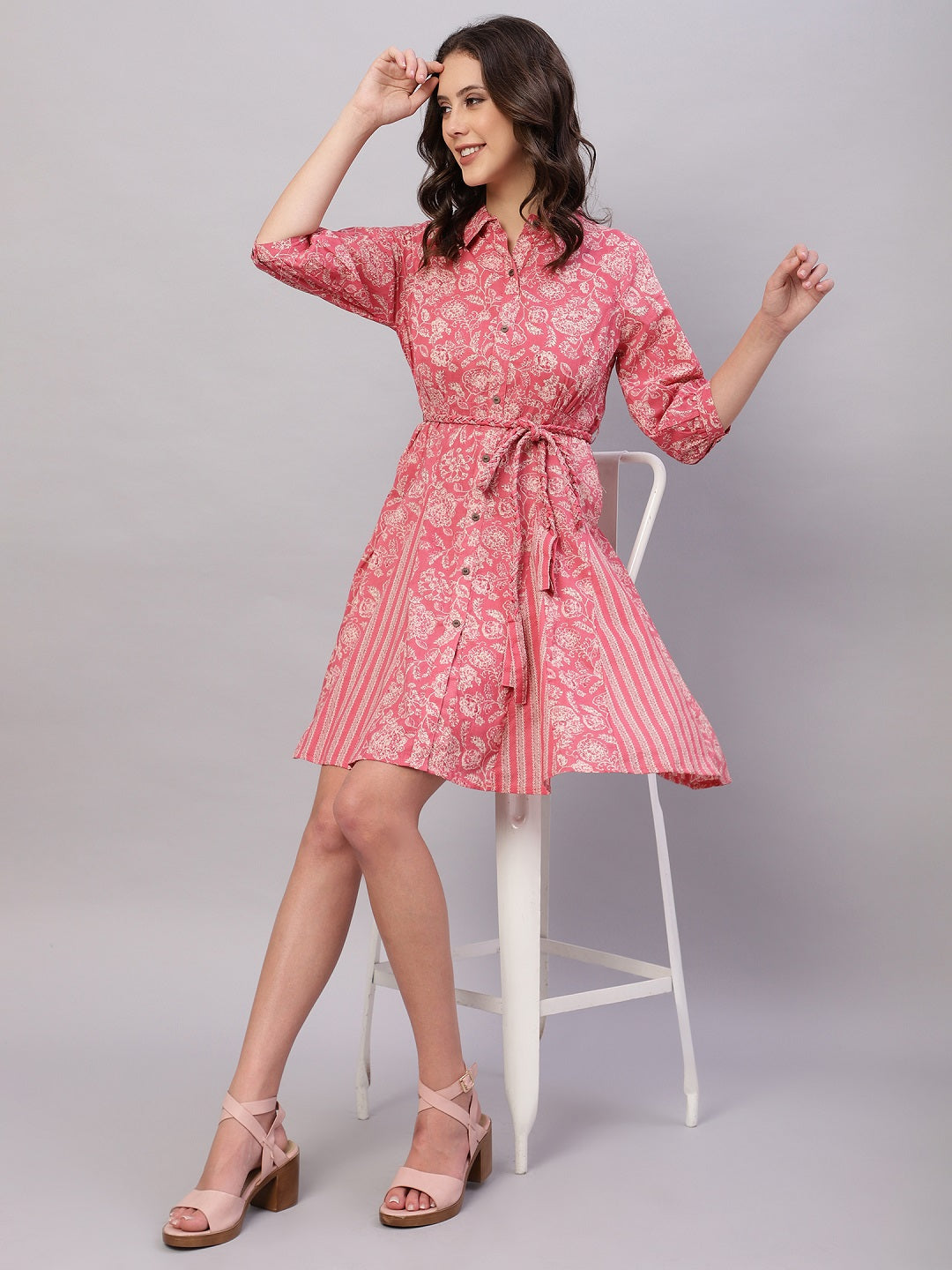 Pink Floral Printed Cotton Fit and Flare Ethnic Dresses