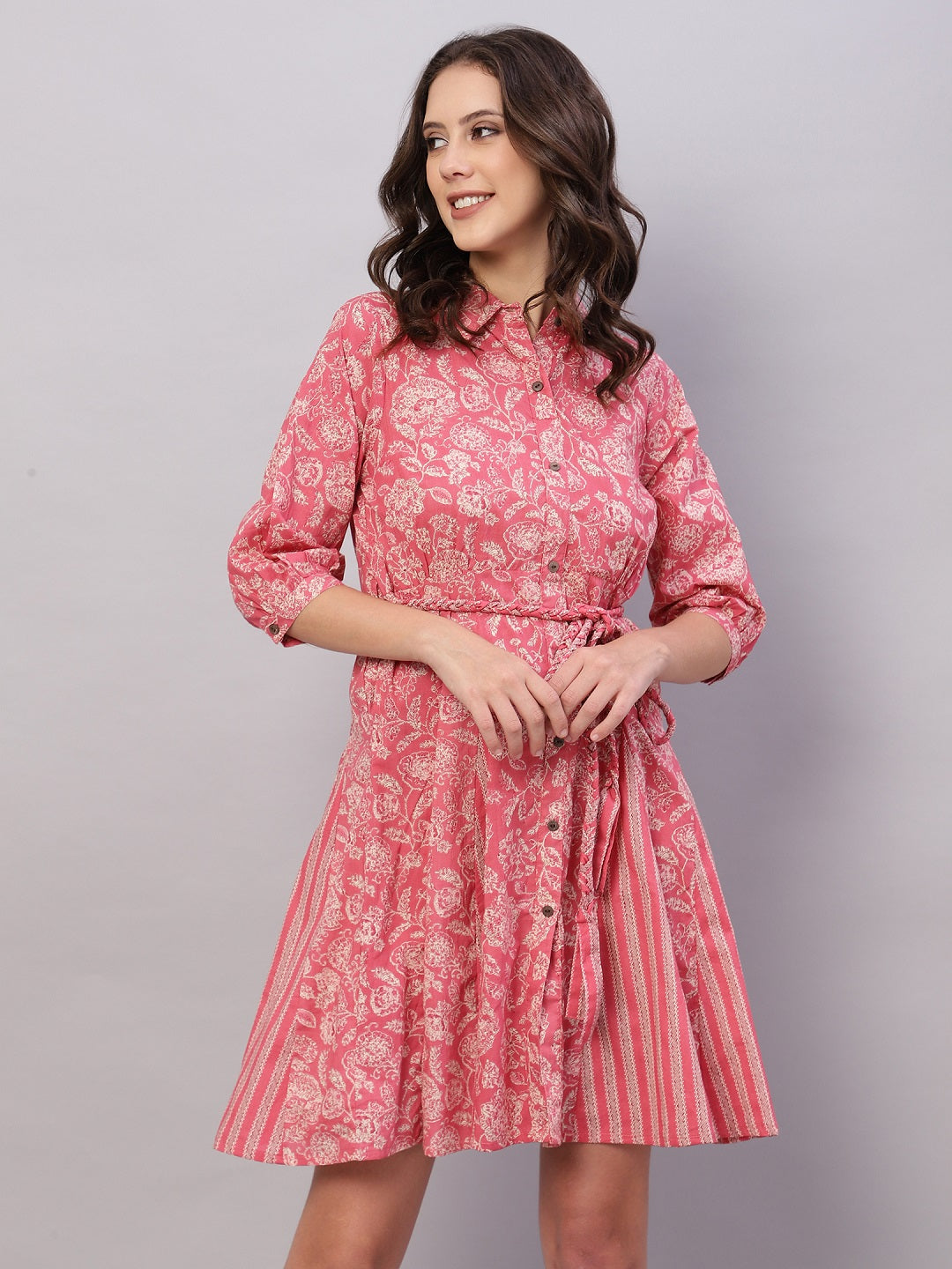 Pink Floral Printed Cotton Fit and Flare Ethnic Dresses