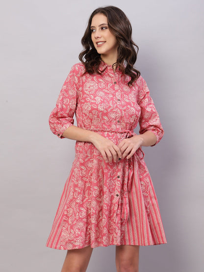 Pink Floral Printed Cotton Fit and Flare Ethnic Dresses