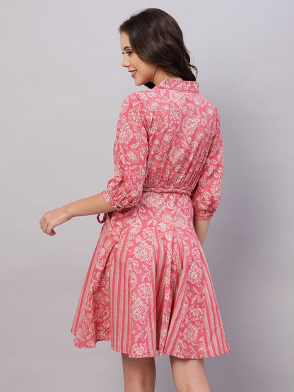 Pink Floral Printed Cotton Fit and Flare Ethnic Dresses