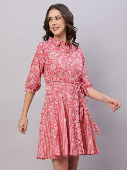 Pink Floral Printed Cotton Fit and Flare Ethnic Dresses