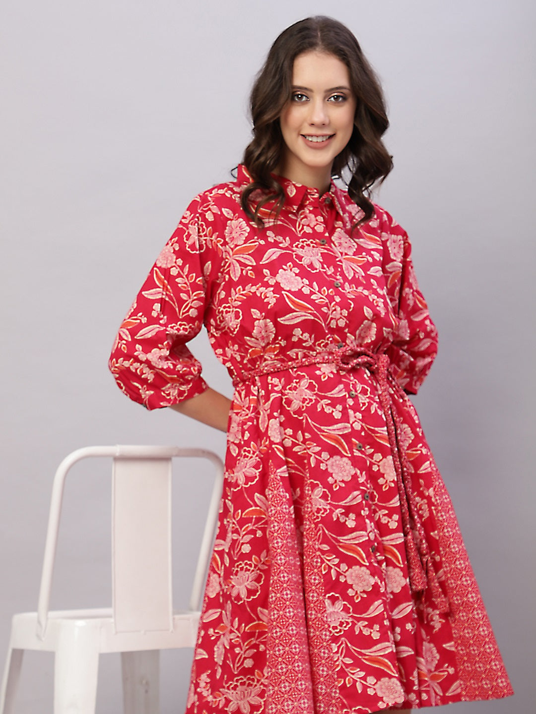 Rani Pink Floral Printed Cotton Fit and Flare Ethnic Dresses