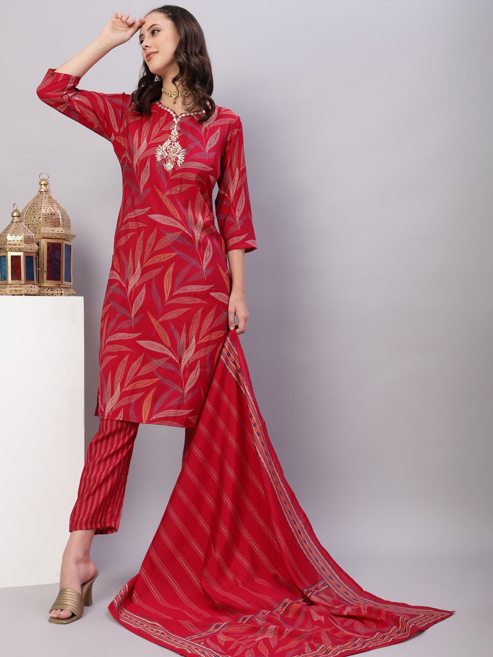 Red Ethnic Motifs Floral Print Kurta with Trousers & Dupatta