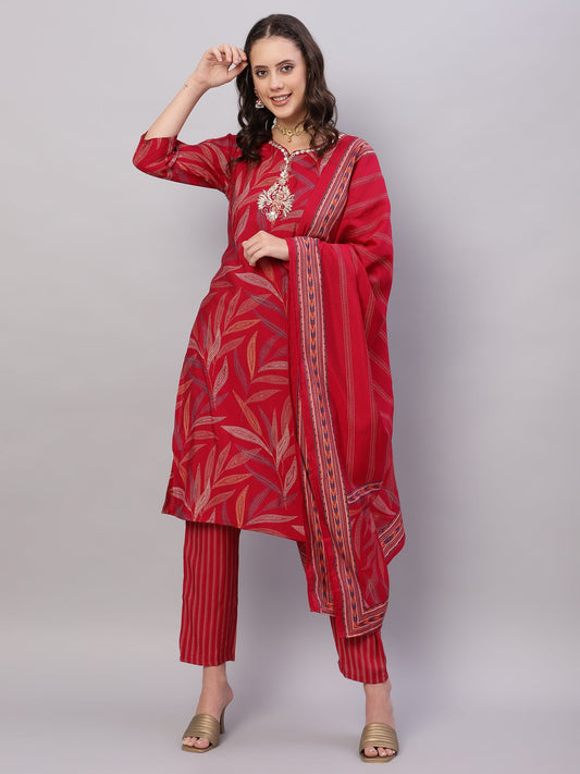 Red Ethnic Motifs Floral Print Kurta with Trousers & Dupatta