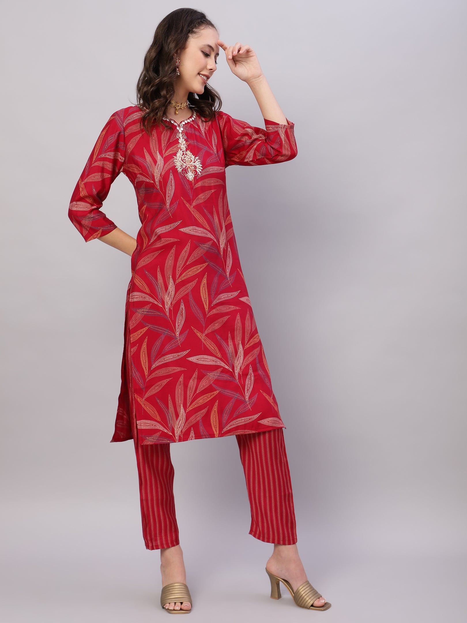 Red Ethnic Motifs Floral Print Kurta with Trousers & Dupatta