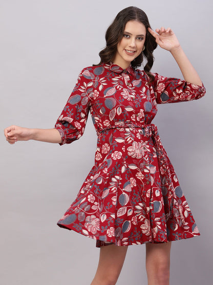 Red Floral Printed Cotton Fit and Flare Ethnic Dresses