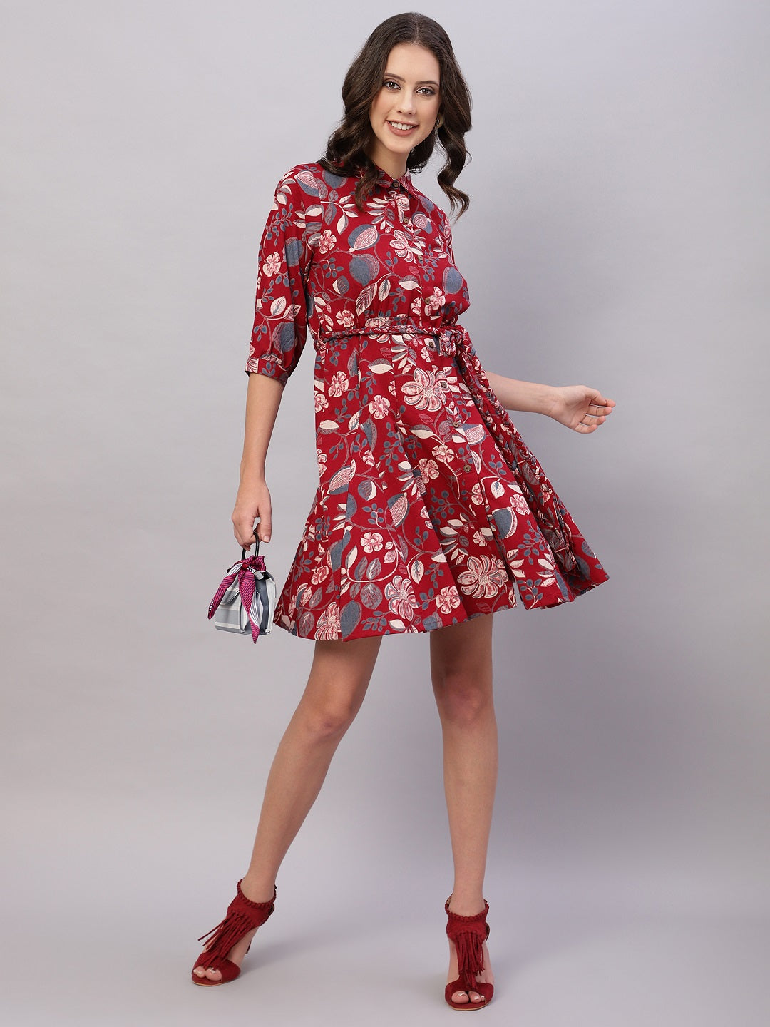 Red Floral Printed Cotton Fit and Flare Ethnic Dresses