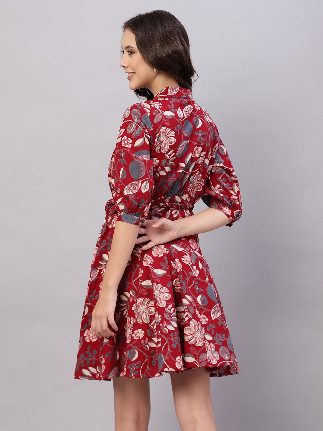 Red Floral Printed Cotton Fit and Flare Ethnic Dresses