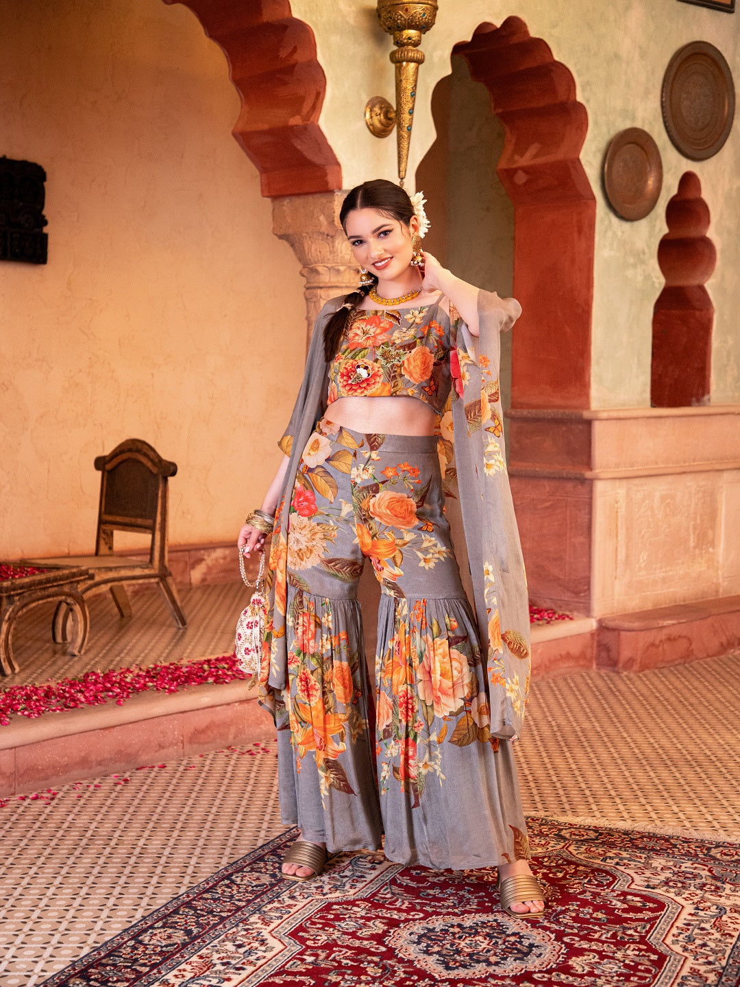 Flamboyant Floral Printed Strap Blouse Sharara Set with Kimono Shrug Set