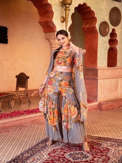 Flamboyant Floral Printed Strap Blouse Sharara Set with Kimono Shrug Set