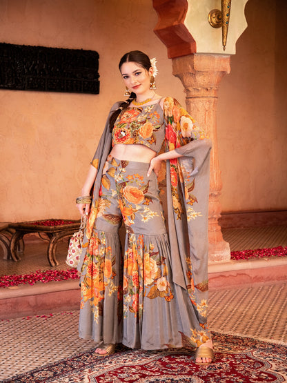 Flamboyant Floral Printed Strap Blouse Sharara Set with Kimono Shrug Set