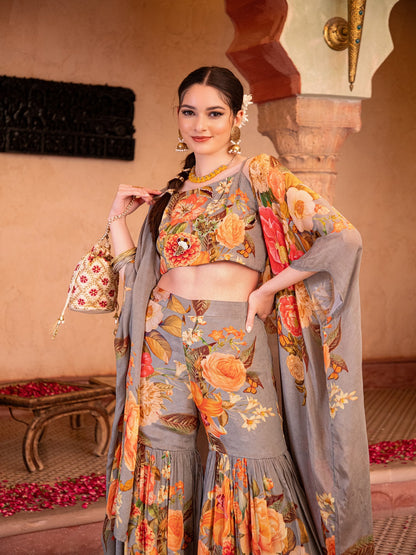 Flamboyant Floral Printed Strap Blouse Sharara Set with Kimono Shrug Set