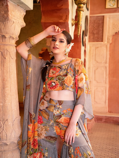 Flamboyant Floral Printed Strap Blouse Sharara Set with Kimono Shrug Set