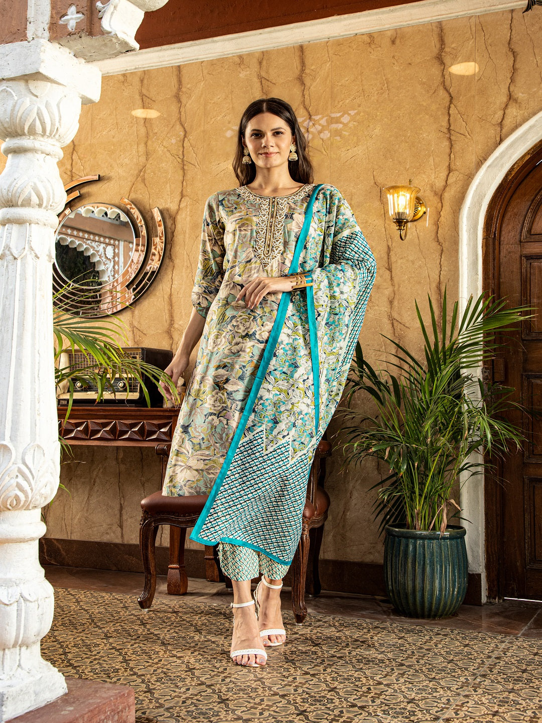 Women Floral Printed Kurta Set - Flamboyant Adda Work Straight Kurta with Pant & Dupatta