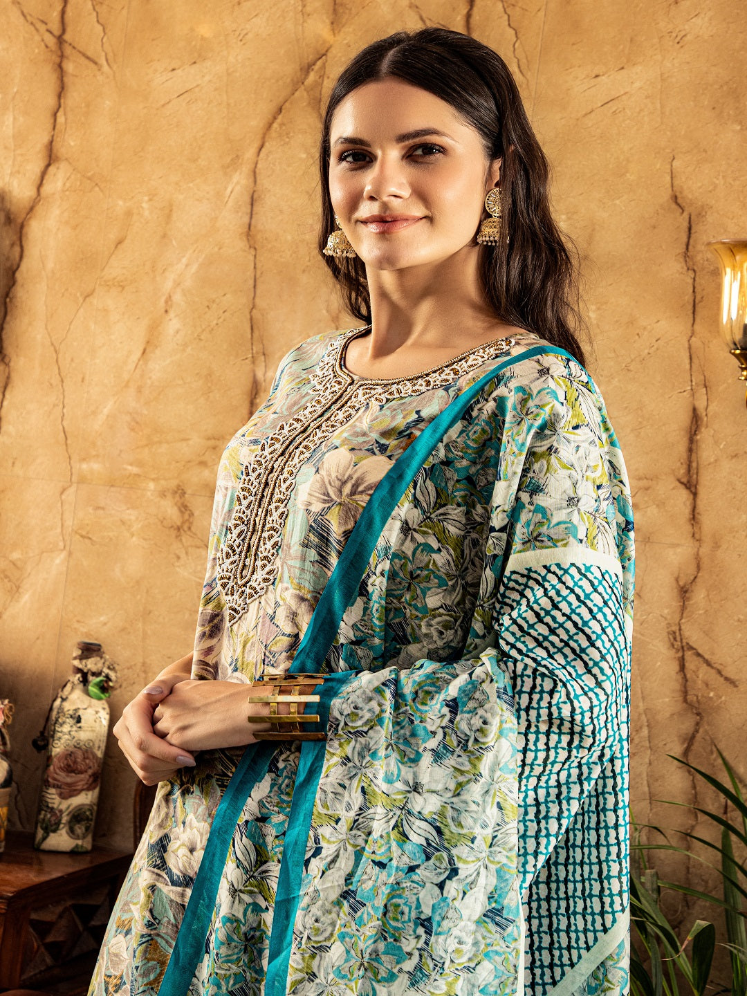 Women Floral Printed Kurta Set - Flamboyant Adda Work Straight Kurta with Pant & Dupatta