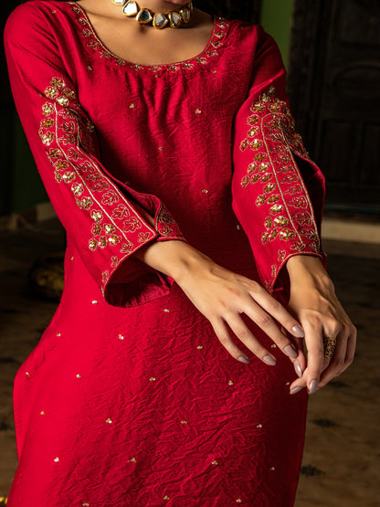 Flamboyant Red Adda Work A-Line Kurta Set Paired With Matching Pant And Dupatta