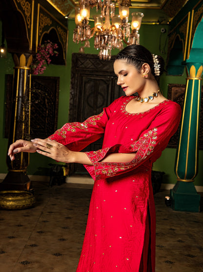 Flamboyant Red Adda Work A-Line Kurta Set Paired With Matching Pant And Dupatta