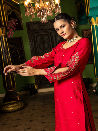 Flamboyant Red Adda Work A-Line Kurta Set Paired With Matching Pant And Dupatta