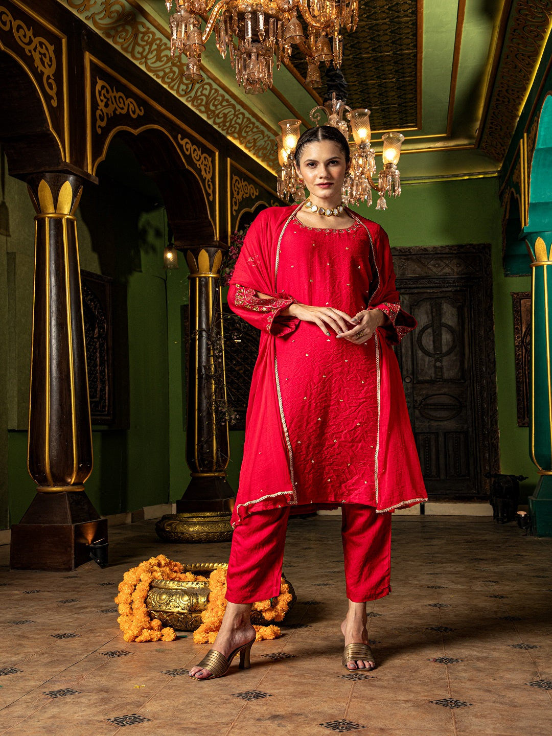 Flamboyant Red Adda Work A-Line Kurta Set Paired With Matching Pant And Dupatta