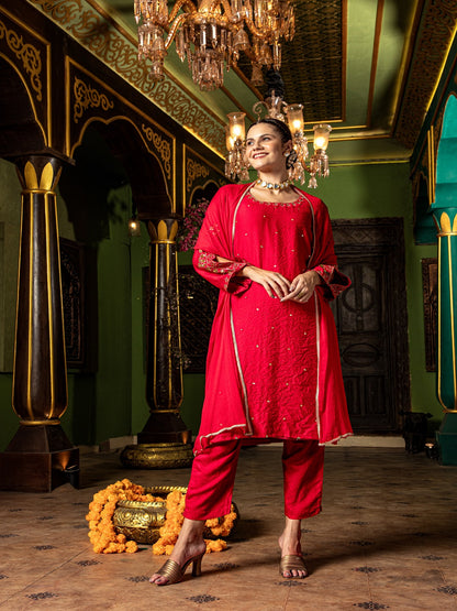 Flamboyant Red Adda Work A-Line Kurta Set Paired With Matching Pant And Dupatta