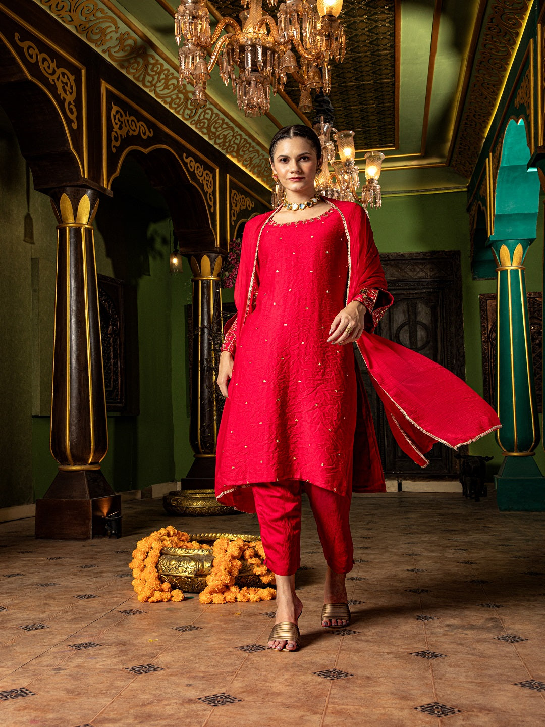 Flamboyant Red Adda Work A-Line Kurta Set Paired With Matching Pant And Dupatta