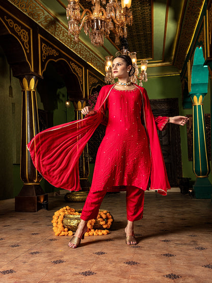 Flamboyant Red Adda Work A-Line Kurta Set Paired With Matching Pant And Dupatta