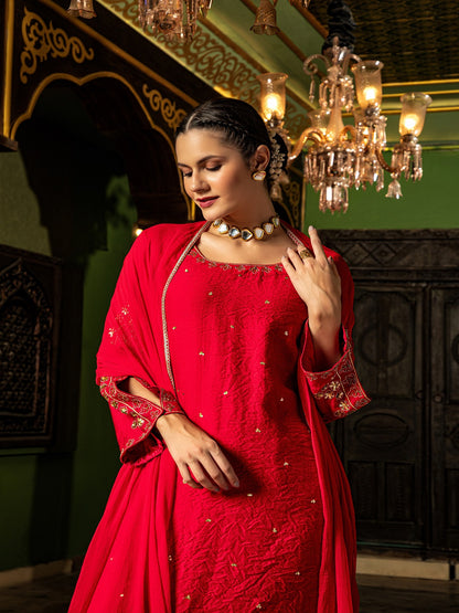 Flamboyant Red Adda Work A-Line Kurta Set Paired With Matching Pant And Dupatta